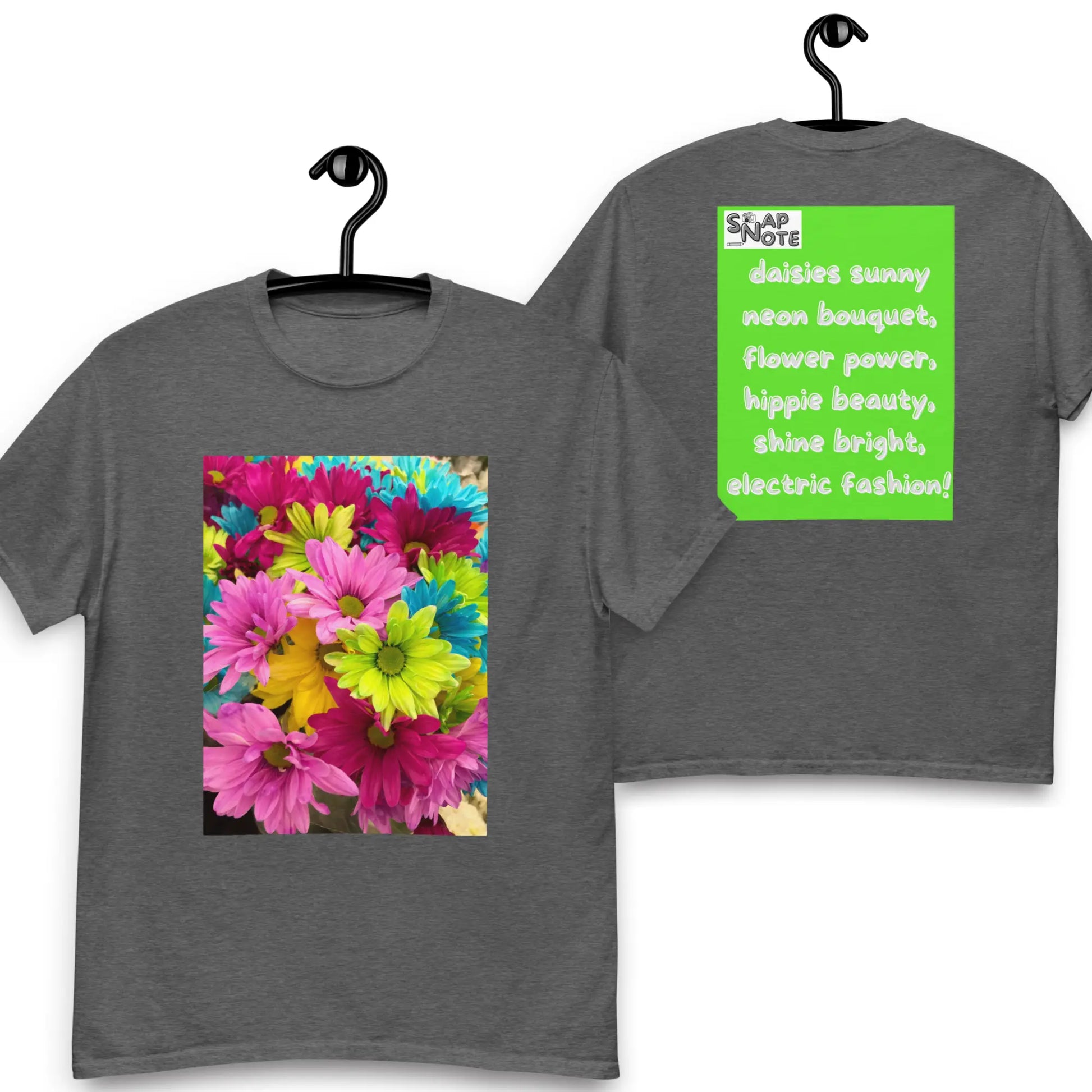 T-Shirt TShirt Tee Men Women Teens Unisex Heavy Cotton Round Neck - hippie chic flowers bouquet green pattern - Dark-Heather - 34.90 - SnapNote streetwear