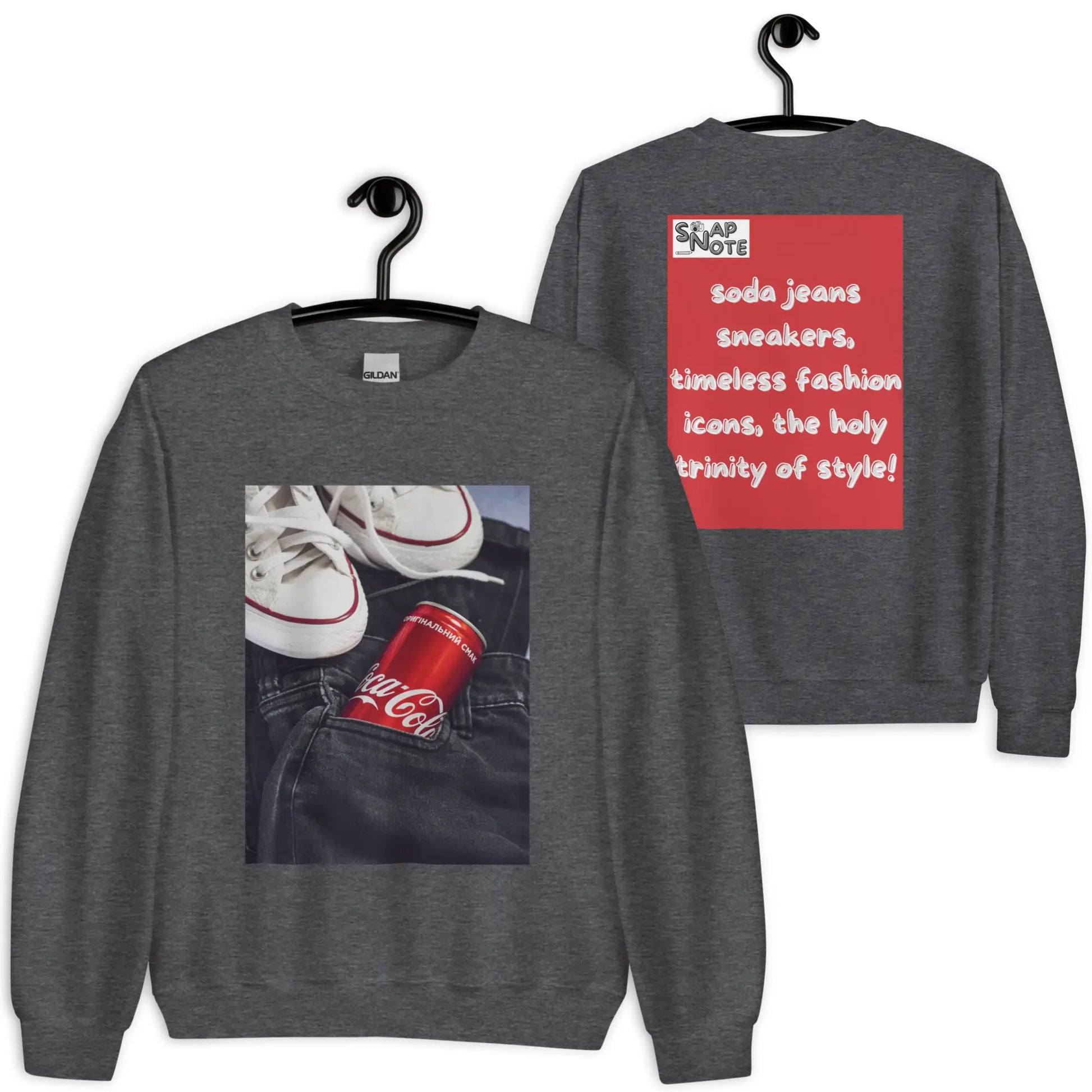 Sweatshirt Jersey Jumper Pullover Sweater Men Women Teenagers Unisex - iconic soda jeans sneakers red pattern - Dark-Heather - 59.90 - SnapNote streetwear