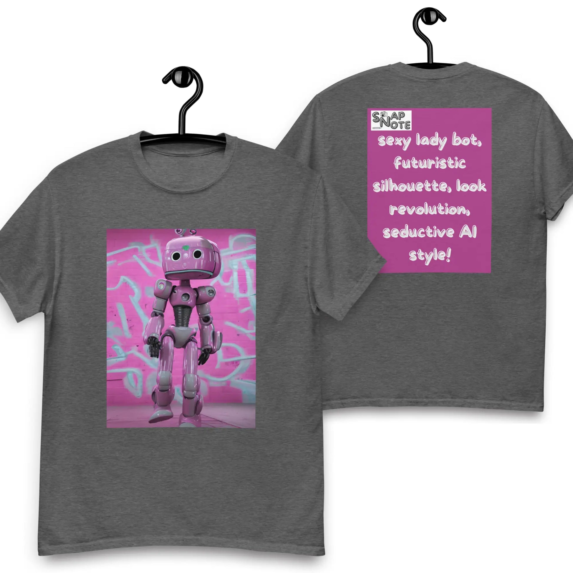 T-Shirt TShirt Tee Men Women Teens Unisex Heavy Cotton Round Neck - lady robot artificial intelligence pink pattern - Dark-Heather - 34.90 - SnapNote streetwear