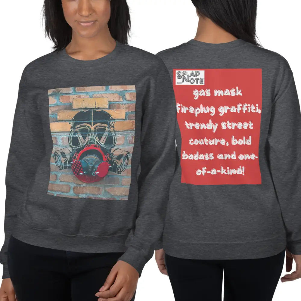 Woman supermodel wearing Sweatshirt Jersey Jumper Pullover Sweater Men Women Teenagers Unisex - badass gas mask graffiti red pattern - Dark-Heather - 59.90 - SnapNote streetwear