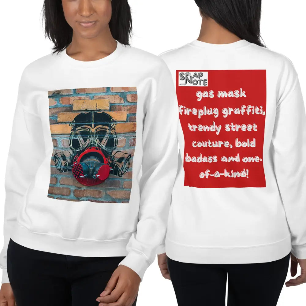 Woman supermodel wearing Sweatshirt Jersey Jumper Pullover Sweater Men Women Teenagers Unisex - badass gas mask graffiti red pattern - White - 59.90 - SnapNote streetwear