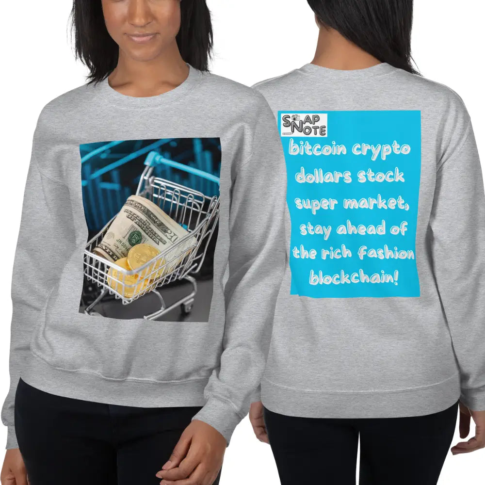 Woman supermodel wearing Sweatshirt Jersey Jumper Pullover Sweater Men Women Teenagers Unisex - bitcoin crypto dollars shopping cart blue pattern - Sport-Grey - 59.90 - SnapNote streetwear