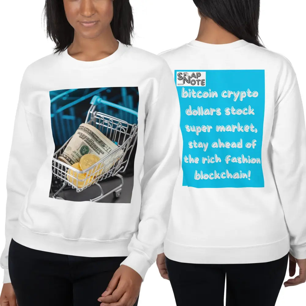 Woman supermodel wearing Sweatshirt Jersey Jumper Pullover Sweater Men Women Teenagers Unisex - bitcoin crypto dollars shopping cart blue pattern - White - 59.90 - SnapNote streetwear