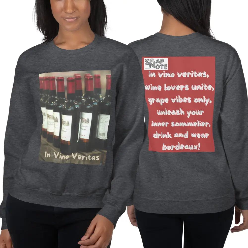 Woman supermodel wearing Sweatshirt Jersey Jumper Pullover Sweater Men Women Teenagers Unisex - bordeaux wine bottles maroon pattern - Dark-Heather - 59.90 - SnapNote streetwear