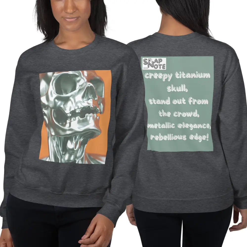 Woman supermodel wearing Sweatshirt Jersey Jumper Pullover Sweater Men Women Teenagers Unisex - skeleton metallic skull close-up green pattern - Dark-Heather - 59.90 - SnapNote streetwear