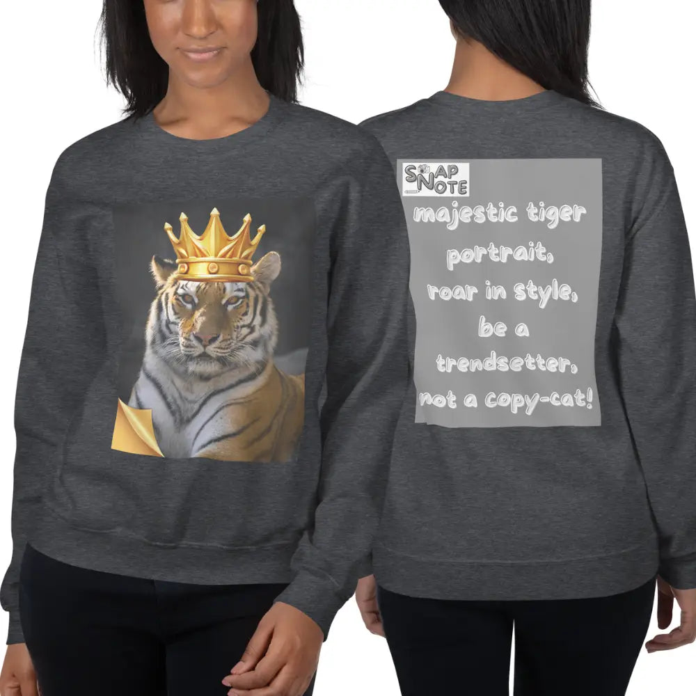 Woman supermodel wearing Sweatshirt Jersey Jumper Pullover Sweater Men Women Teenagers Unisex - animal feline crown tiger grey pattern - Dark-Heather - 59.90 - SnapNote streetwear