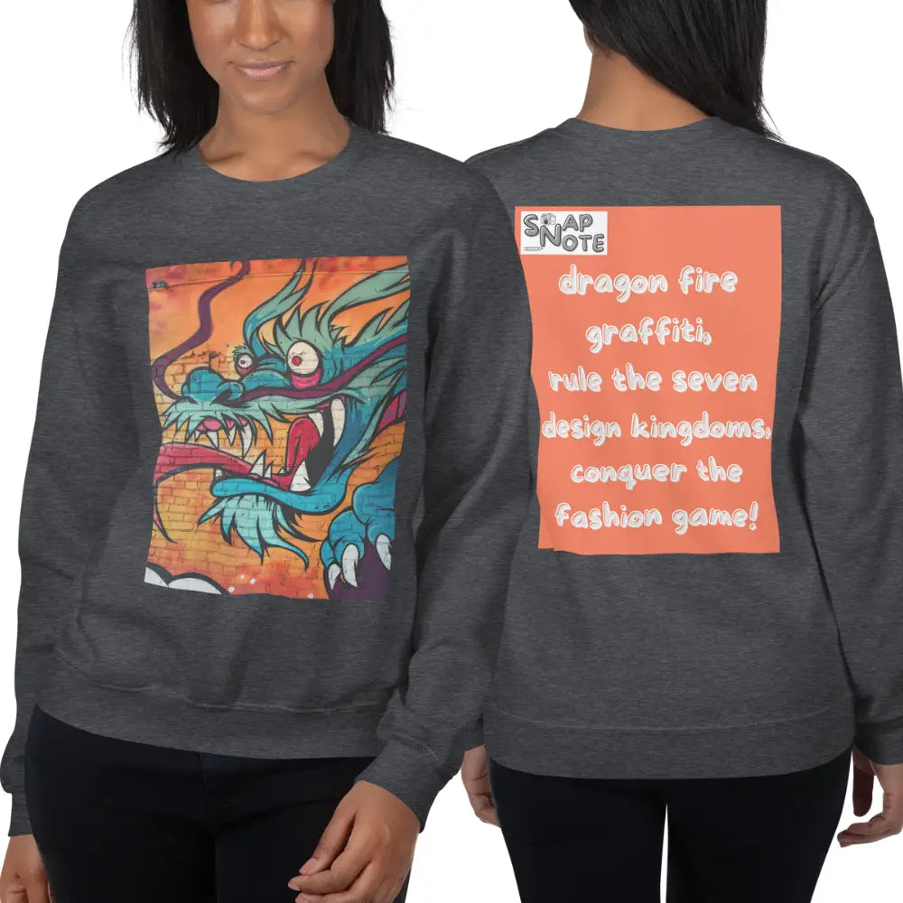 Woman supermodel wearing Sweatshirt Jersey Jumper Pullover Sweater Men Women Teenagers Unisex - dragon science-fiction graffiti orange pattern - Dark-Heather - 59.90 - SnapNote streetwear