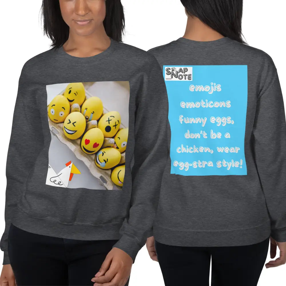 Woman supermodel wearing Sweatshirt Jersey Jumper Pullover Sweater Men Women Teenagers Unisex - emoji emoticon eggs chicken blue pattern - Dark-Heather - 59.90 - SnapNote streetwear