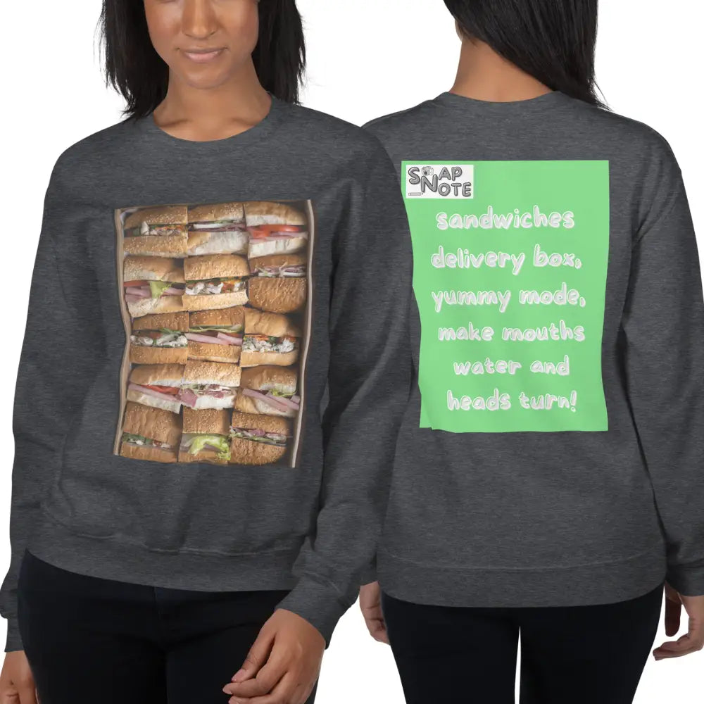 Woman supermodel wearing Sweatshirt Jersey Jumper Pullover Sweater Men Women Teenagers Unisex - fast-food delivery box sandwiches green pattern - Dark-Heather - 59.90 - SnapNote streetwear