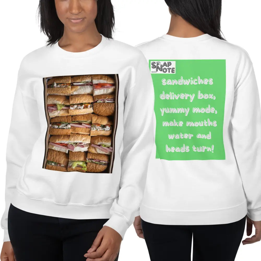 Woman supermodel wearing Sweatshirt Jersey Jumper Pullover Sweater Men Women Teenagers Unisex - fast-food delivery box sandwiches green pattern - White - 59.90 - SnapNote streetwear