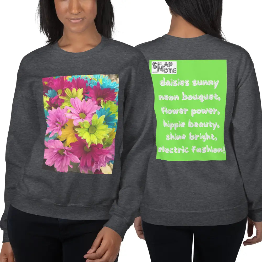 Woman supermodel wearing Sweatshirt Jersey Jumper Pullover Sweater Men Women Teenagers Unisex - hippie chic flowers bouquet green pattern - Dark-Heather - 59.90 - SnapNote streetwear