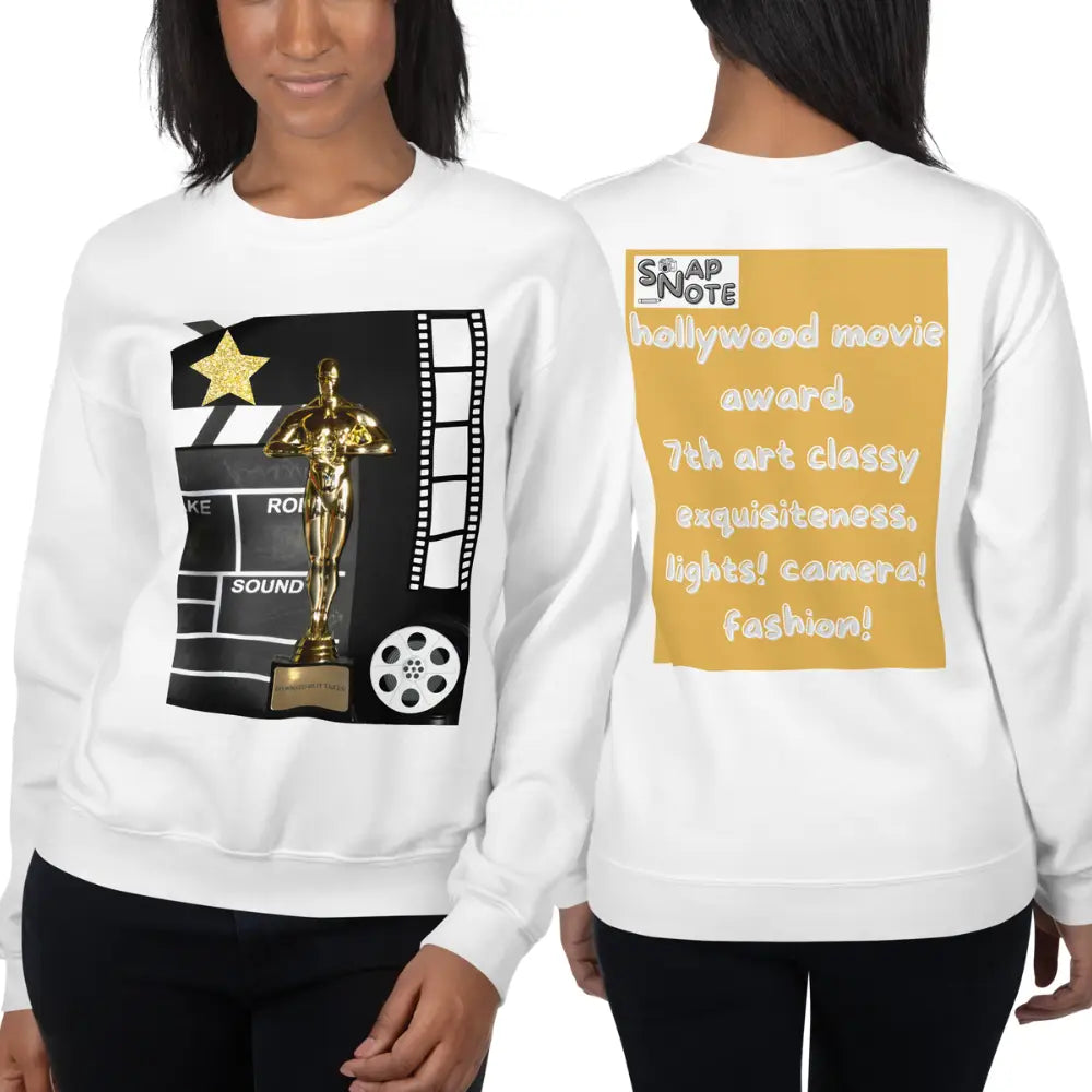 Woman supermodel wearing Sweatshirt Jersey Jumper Pullover Sweater Men Women Teenagers Unisex - hollywood movie film award gold pattern - White - 59.90 - SnapNote streetwear