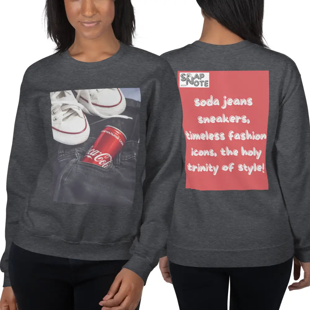 Woman supermodel wearing Sweatshirt Jersey Jumper Pullover Sweater Men Women Teenagers Unisex - iconic soda jeans sneakers red pattern - Dark-Heather - 59.90 - SnapNote streetwear