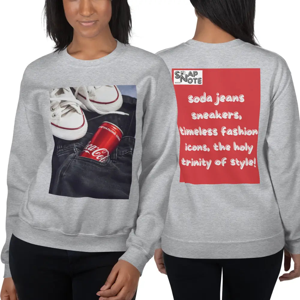 Woman supermodel wearing Sweatshirt Jersey Jumper Pullover Sweater Men Women Teenagers Unisex - iconic soda jeans sneakers red pattern - Sport-Grey - 59.90 - SnapNote streetwear