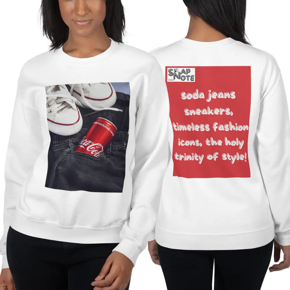 Woman supermodel wearing Sweatshirt Jersey Jumper Pullover Sweater Men Women Teenagers Unisex - iconic soda jeans sneakers red pattern - White - 59.90 - SnapNote streetwear