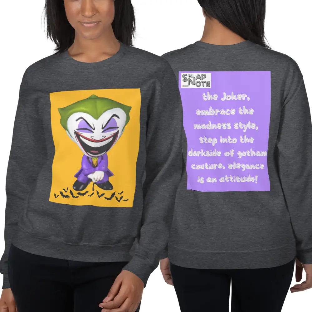 Woman supermodel wearing Sweatshirt Jersey Jumper Pullover Sweater Men Women Teenagers Unisex - comics joker madness bats purple pattern - Dark-Heather - 59.90 - SnapNote streetwear