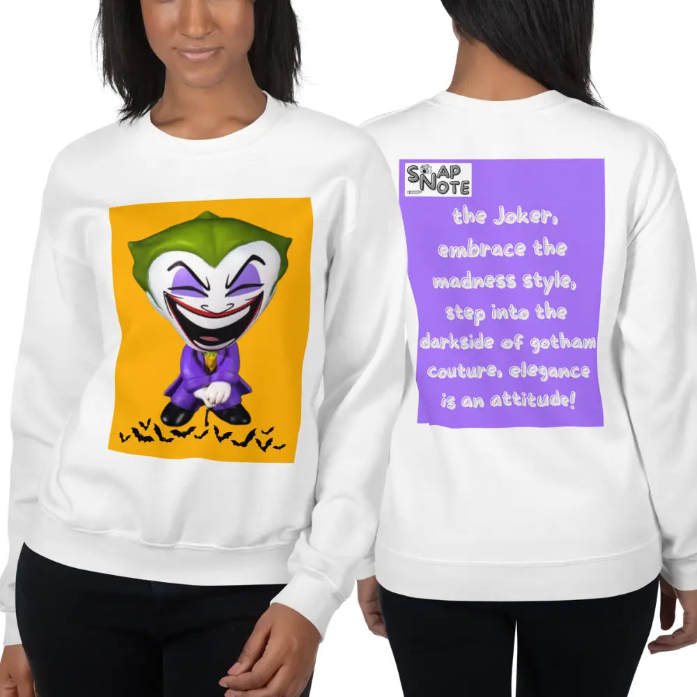 Woman supermodel wearing Sweatshirt Jersey Jumper Pullover Sweater Men Women Teenagers Unisex - comics joker madness bats purple pattern - White - 59.90 - SnapNote streetwear