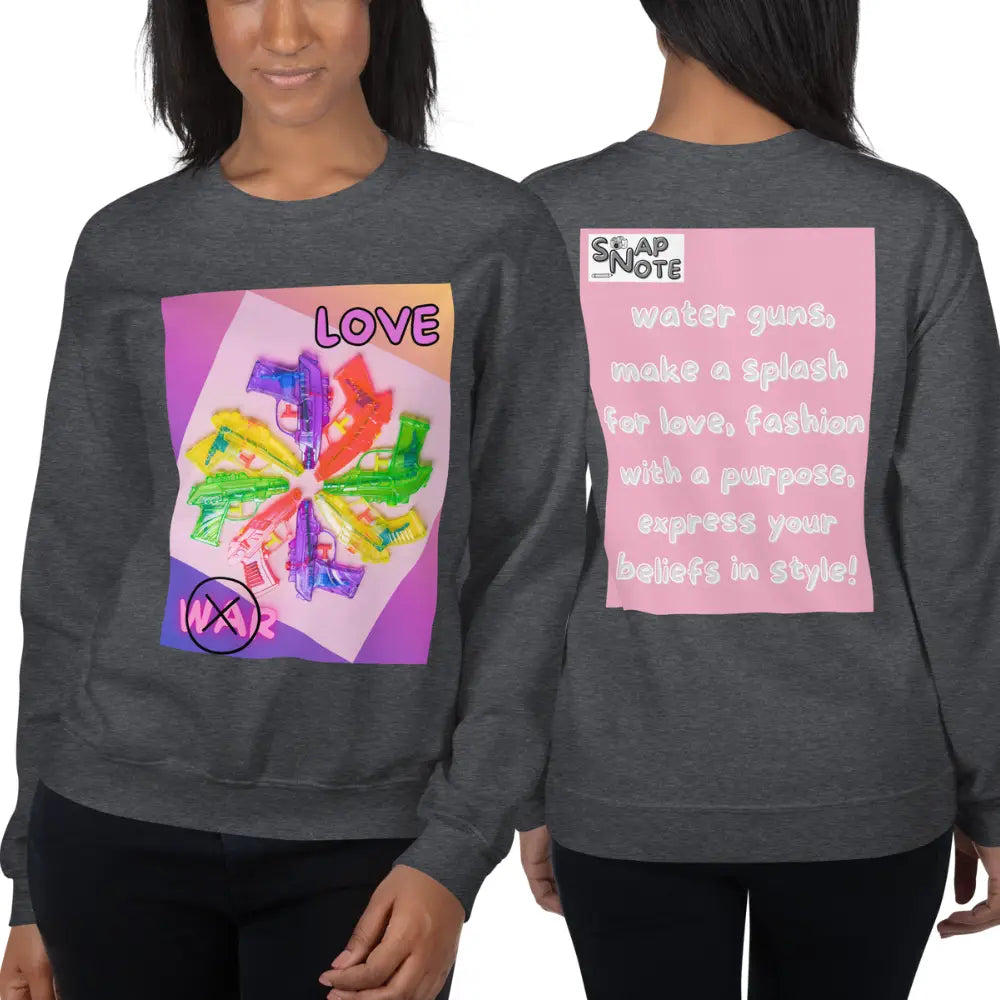 Woman supermodel wearing Sweatshirt Jersey Jumper Pullover Sweater Men Women Teenagers Unisex - love not war watergun peace pink pattern - Dark-Heather - 59.90 - SnapNote streetwear