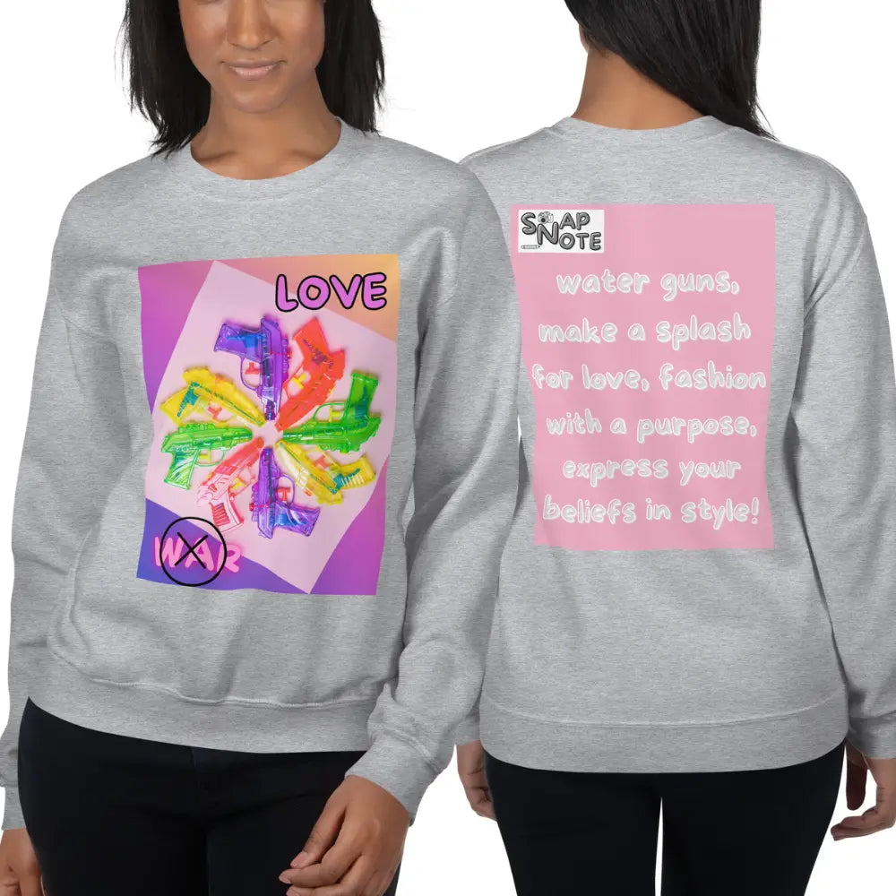 Woman supermodel wearing Sweatshirt Jersey Jumper Pullover Sweater Men Women Teenagers Unisex - love not war watergun peace pink pattern - Sport-Grey - 59.90 - SnapNote streetwear