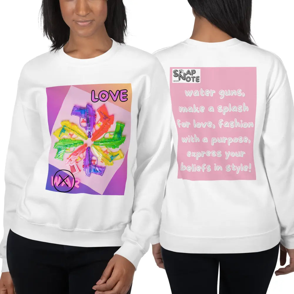 Woman supermodel wearing Sweatshirt Jersey Jumper Pullover Sweater Men Women Teenagers Unisex - love not war watergun peace pink pattern - White - 59.90 - SnapNote streetwear