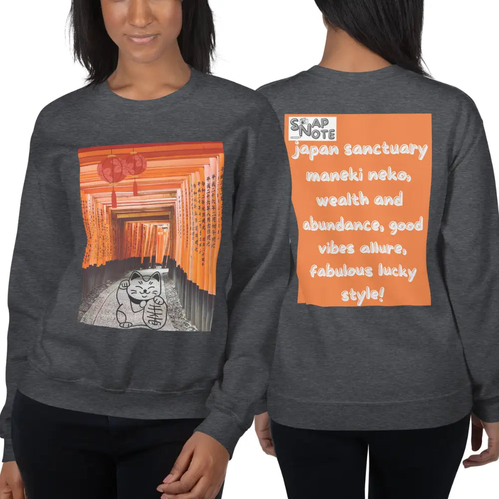 Woman supermodel wearing Sweatshirt Jersey Jumper Pullover Sweater Men Women Teenagers Unisex - maneki neko sanctuary japan orange pattern - Dark-Heather - 59.90 - SnapNote streetwear