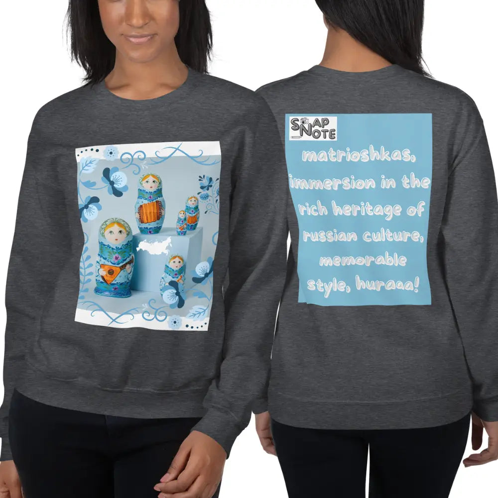 Woman supermodel wearing Sweatshirt Jersey Jumper Pullover Sweater Men Women Teenagers Unisex - matrioshkas dolls russia blue pattern - Dark-Heather - 59.90 - SnapNote streetwear