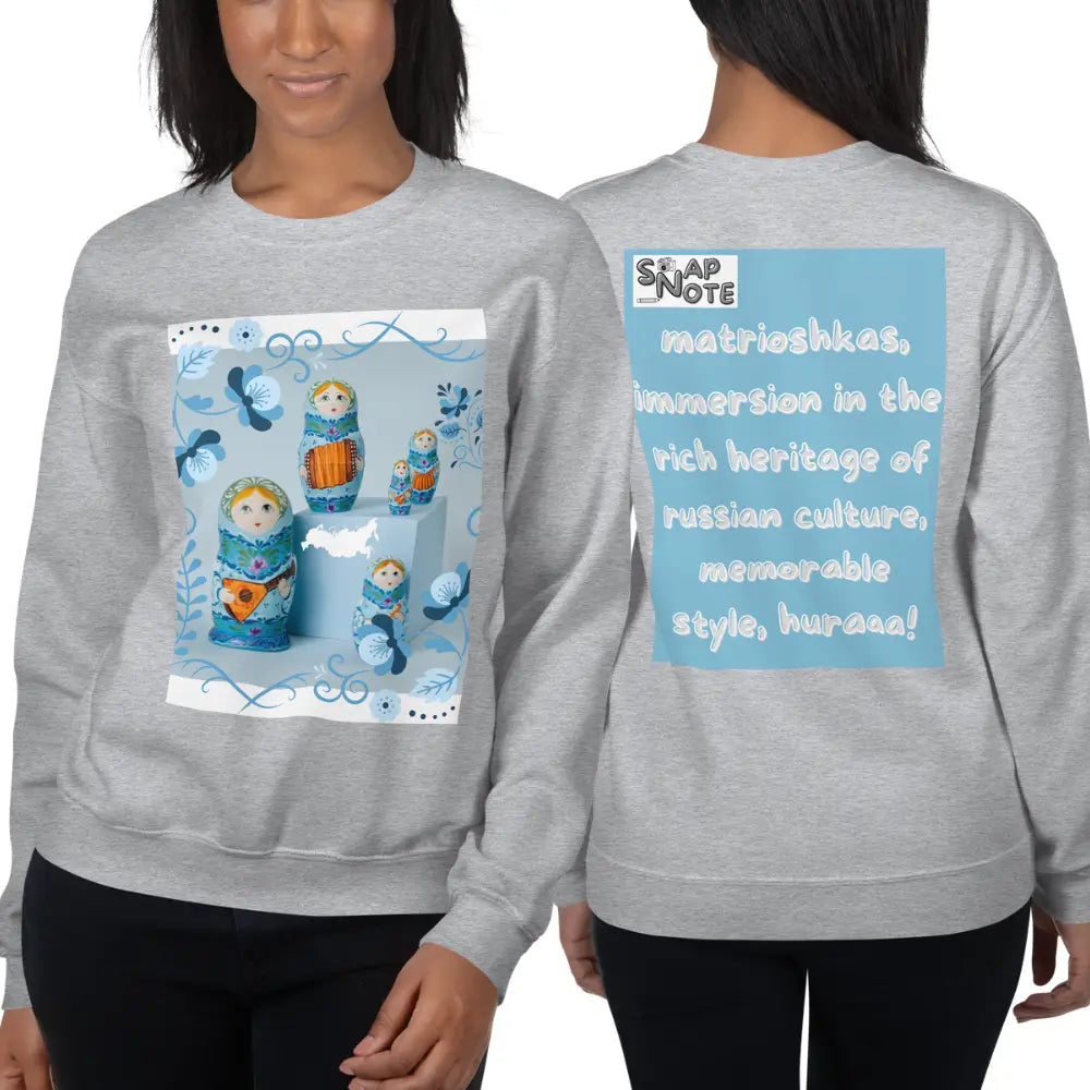 Woman supermodel wearing Sweatshirt Jersey Jumper Pullover Sweater Men Women Teenagers Unisex - matrioshkas dolls russia blue pattern - Sport-Grey - 59.90 - SnapNote streetwear