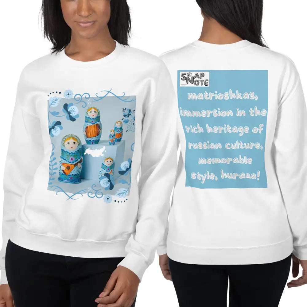 Woman supermodel wearing Sweatshirt Jersey Jumper Pullover Sweater Men Women Teenagers Unisex - matrioshkas dolls russia blue pattern - White - 59.90 - SnapNote streetwear