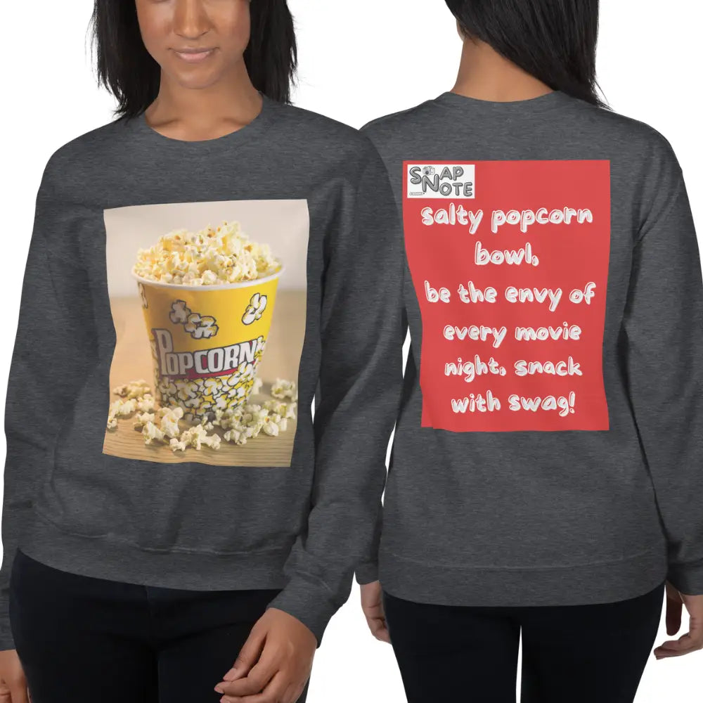 Woman supermodel wearing Sweatshirt Jersey Jumper Pullover Sweater Men Women Teenagers Unisex - movie night popcorn bowl red pattern - Dark-Heather - 59.90 - SnapNote streetwear