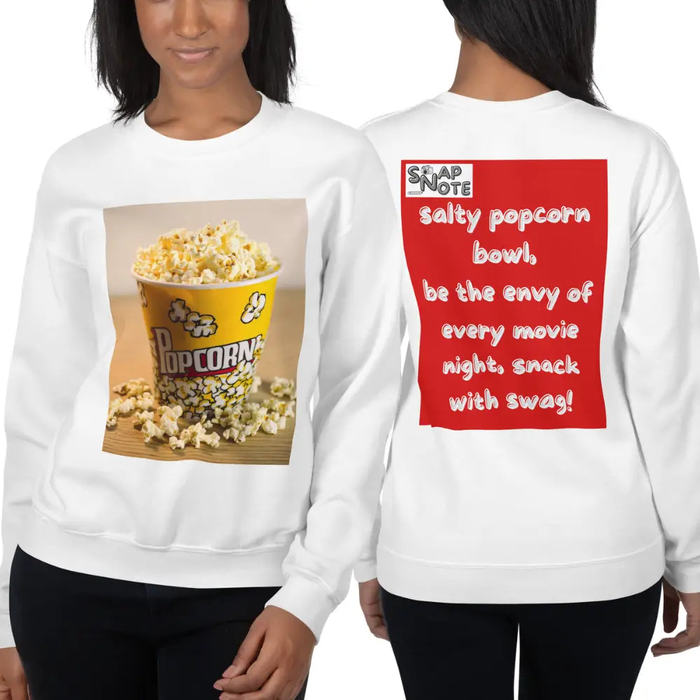 Woman supermodel wearing Sweatshirt Jersey Jumper Pullover Sweater Men Women Teenagers Unisex - movie night popcorn bowl red pattern - White - 59.90 - SnapNote streetwear