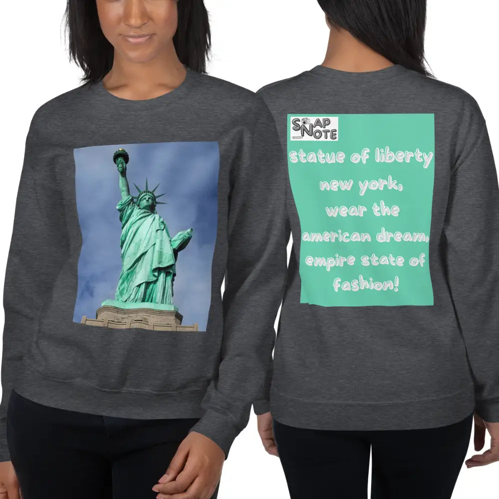 Woman supermodel wearing Sweatshirt Jersey Jumper Pullover Sweater Men Women Teenagers Unisex - statue liberty new york usa turquoise pattern - Dark-Heather - 59.90 - SnapNote streetwear