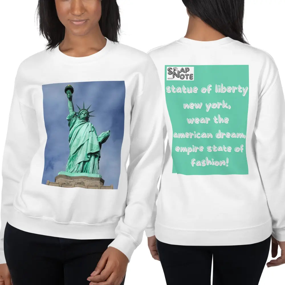 Woman supermodel wearing Sweatshirt Jersey Jumper Pullover Sweater Men Women Teenagers Unisex - statue liberty new york usa turquoise pattern - White - 59.90 - SnapNote streetwear