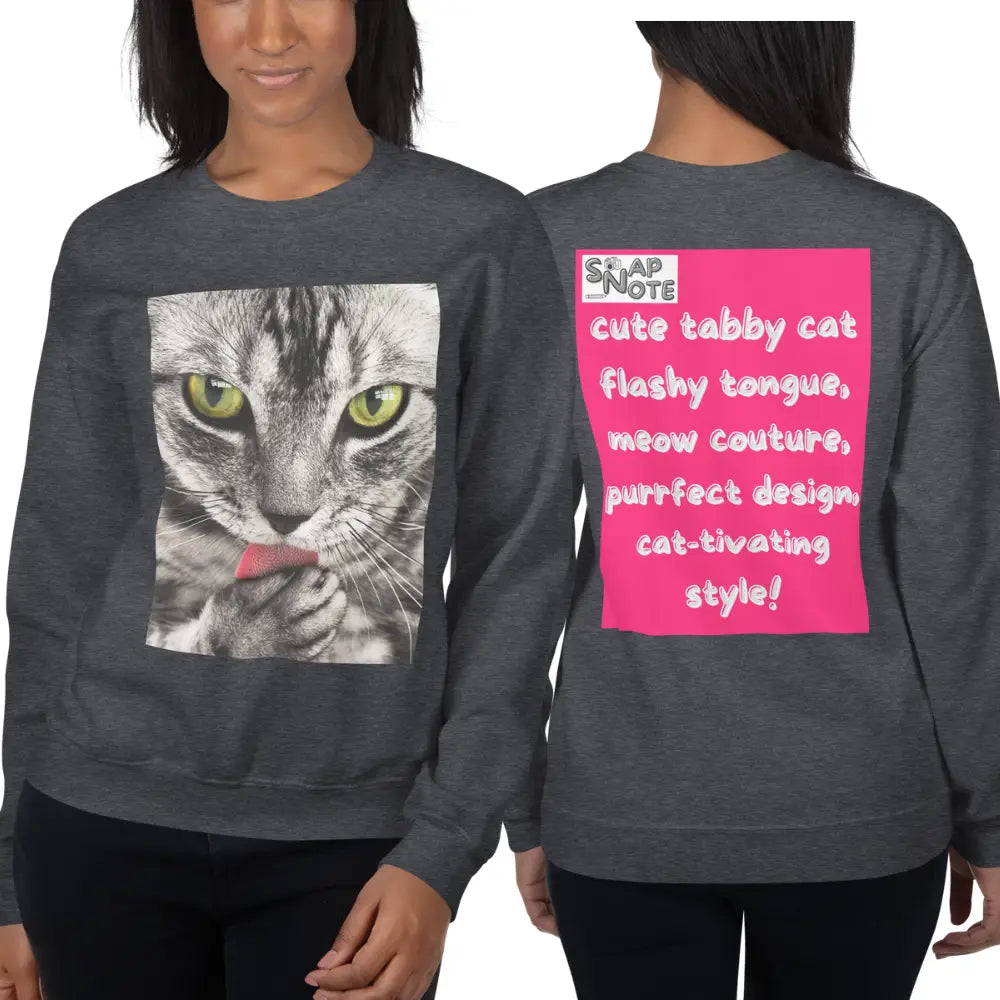 Woman supermodel wearing Sweatshirt Jersey Jumper Pullover Sweater Men Women Teenagers Unisex - animal pet tabby cat pink pattern - Dark-Heather - 59.90 - SnapNote streetwear