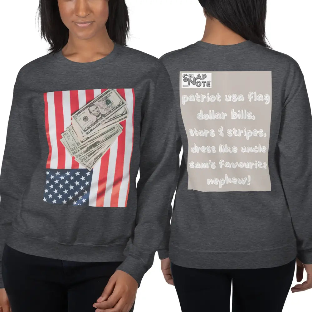 Woman supermodel wearing Sweatshirt Jersey Jumper Pullover Sweater Men Women Teenagers Unisex - usa flag dollar bills beige pattern - Dark-Heather - 59.90 - SnapNote streetwear