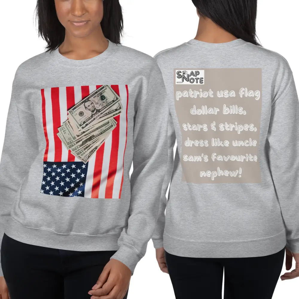 Woman supermodel wearing Sweatshirt Jersey Jumper Pullover Sweater Men Women Teenagers Unisex - usa flag dollar bills beige pattern - Sport-Grey - 59.90 - SnapNote streetwear