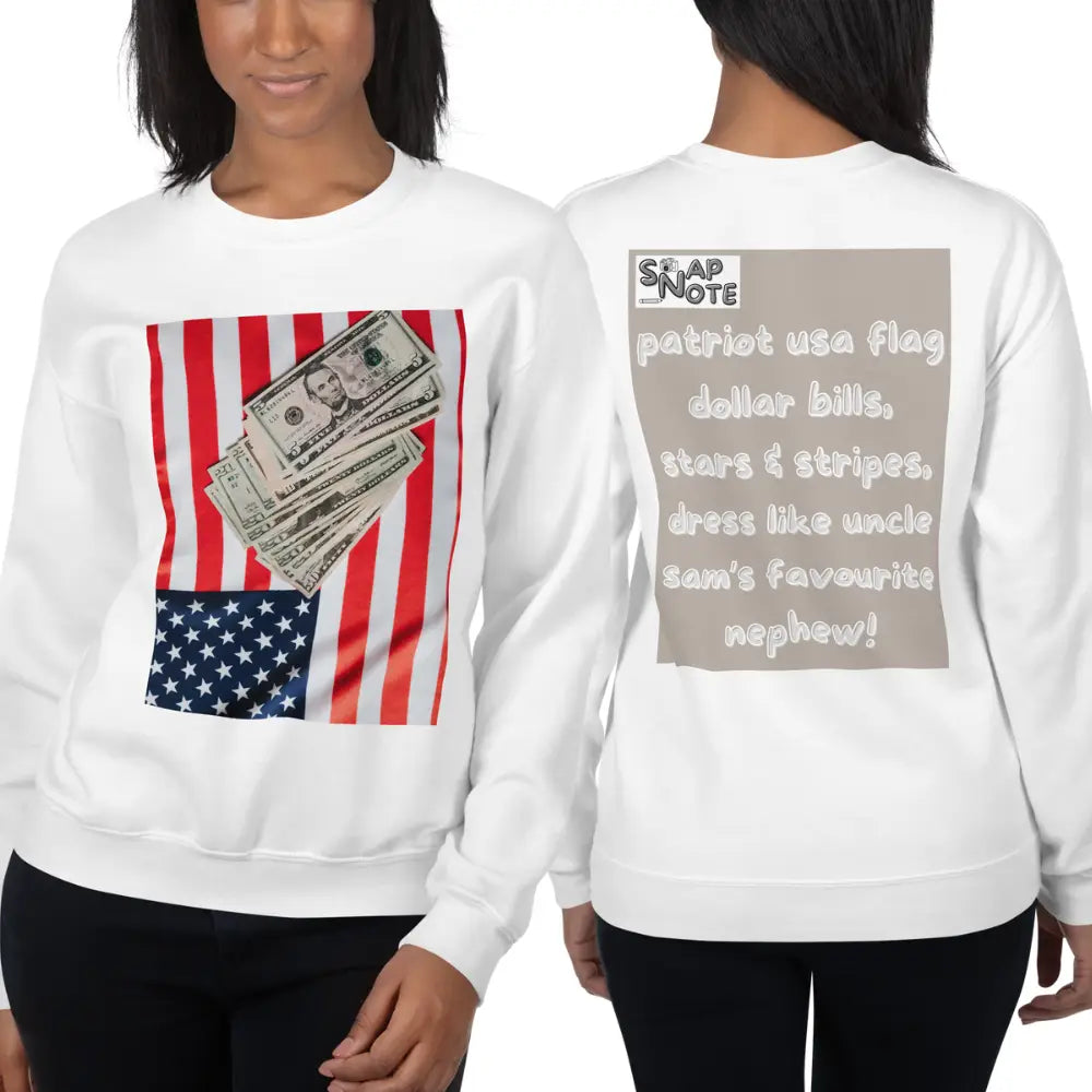 Woman supermodel wearing Sweatshirt Jersey Jumper Pullover Sweater Men Women Teenagers Unisex - usa flag dollar bills beige pattern - White - 59.90 - SnapNote streetwear