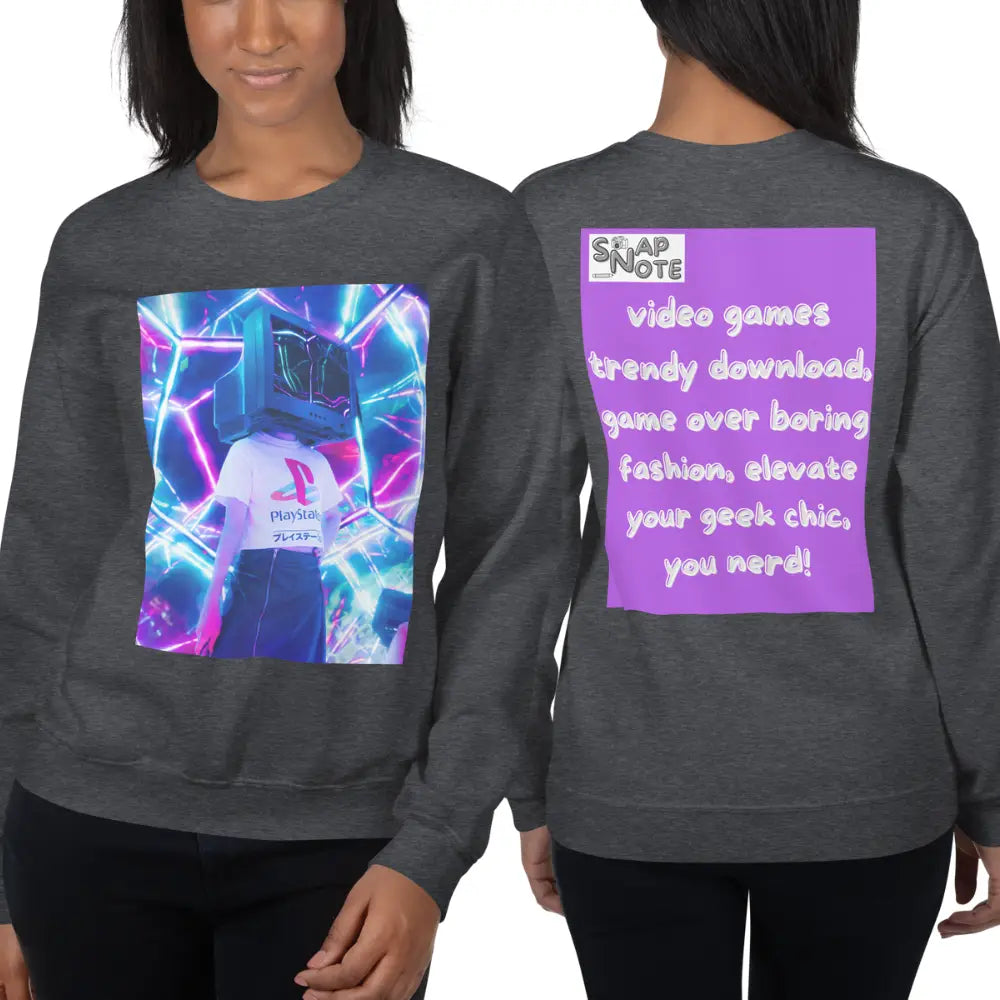 Woman supermodel wearing Sweatshirt Jersey Jumper Pullover Sweater Men Women Teenagers Unisex - video game geek player purple pattern - Dark-Heather - 59.90 - SnapNote streetwear