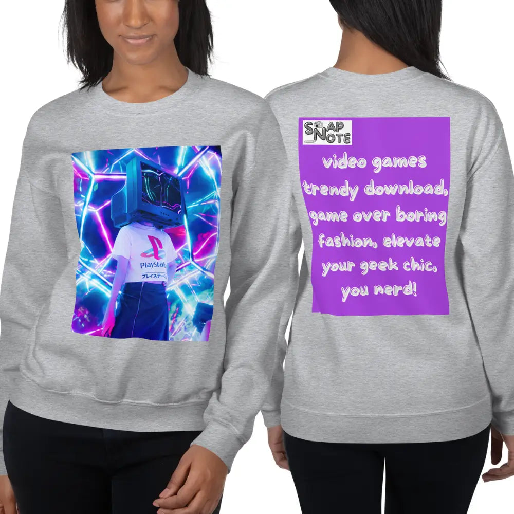 Woman supermodel wearing Sweatshirt Jersey Jumper Pullover Sweater Men Women Teenagers Unisex - video game geek player purple pattern - Sport-Grey - 59.90 - SnapNote streetwear