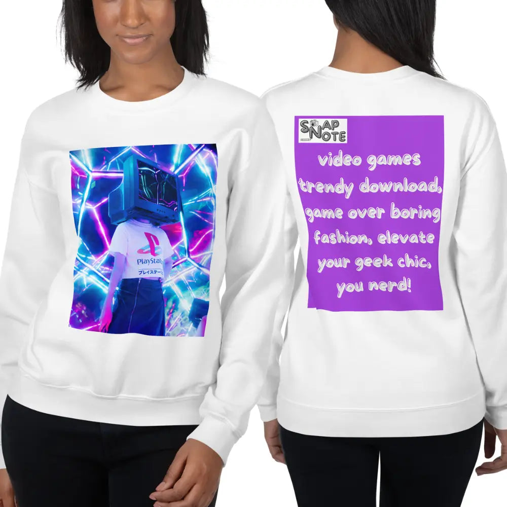 Woman supermodel wearing Sweatshirt Jersey Jumper Pullover Sweater Men Women Teenagers Unisex - video game geek player purple pattern - White - 59.90 - SnapNote streetwear