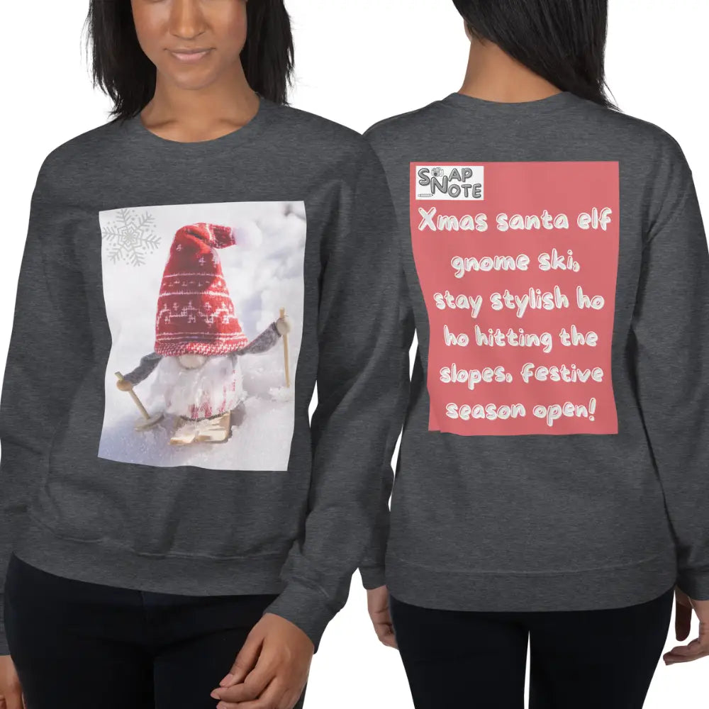 Woman supermodel wearing Sweatshirt Jersey Jumper Pullover Sweater Men Women Teenagers Unisex - xmas elf gnome snow ski red pattern - Dark-Heather - 59.90 - SnapNote streetwear