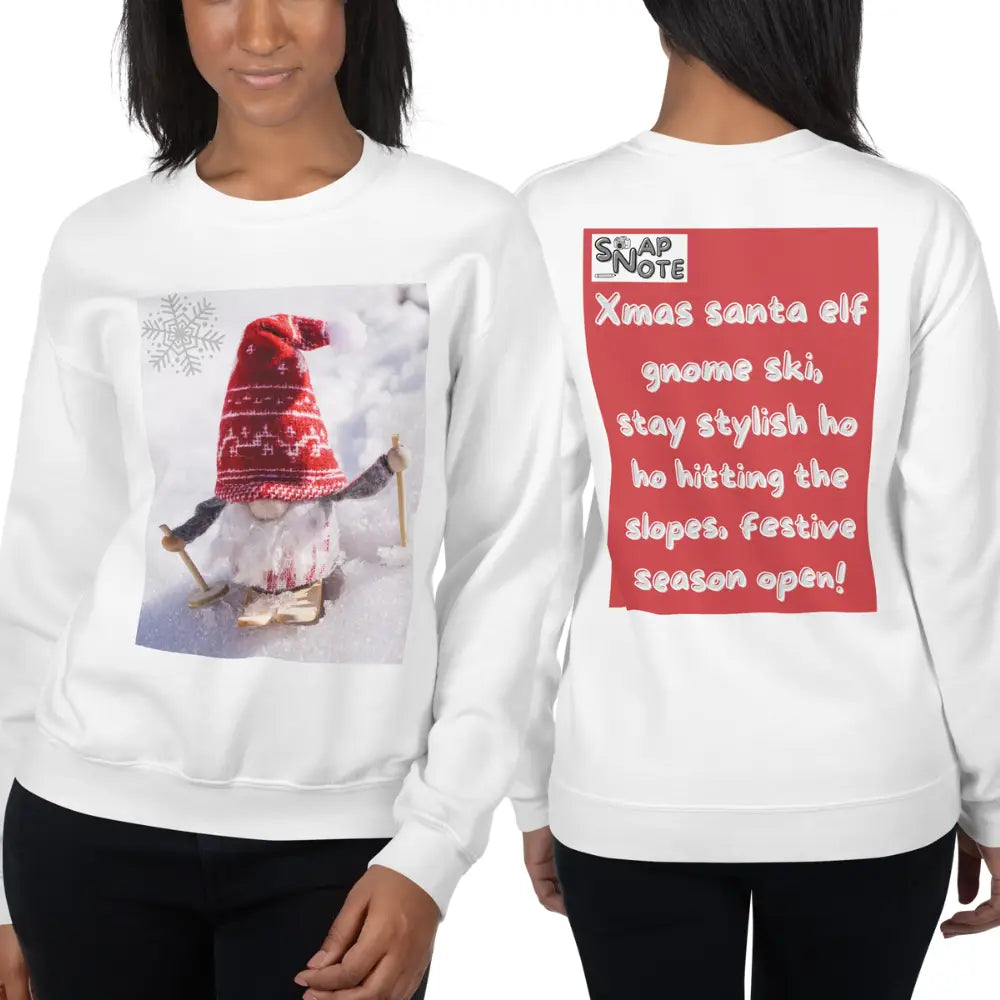 Woman supermodel wearing Sweatshirt Jersey Jumper Pullover Sweater Men Women Teenagers Unisex - xmas elf gnome snow ski red pattern - White - 59.90 - SnapNote streetwear