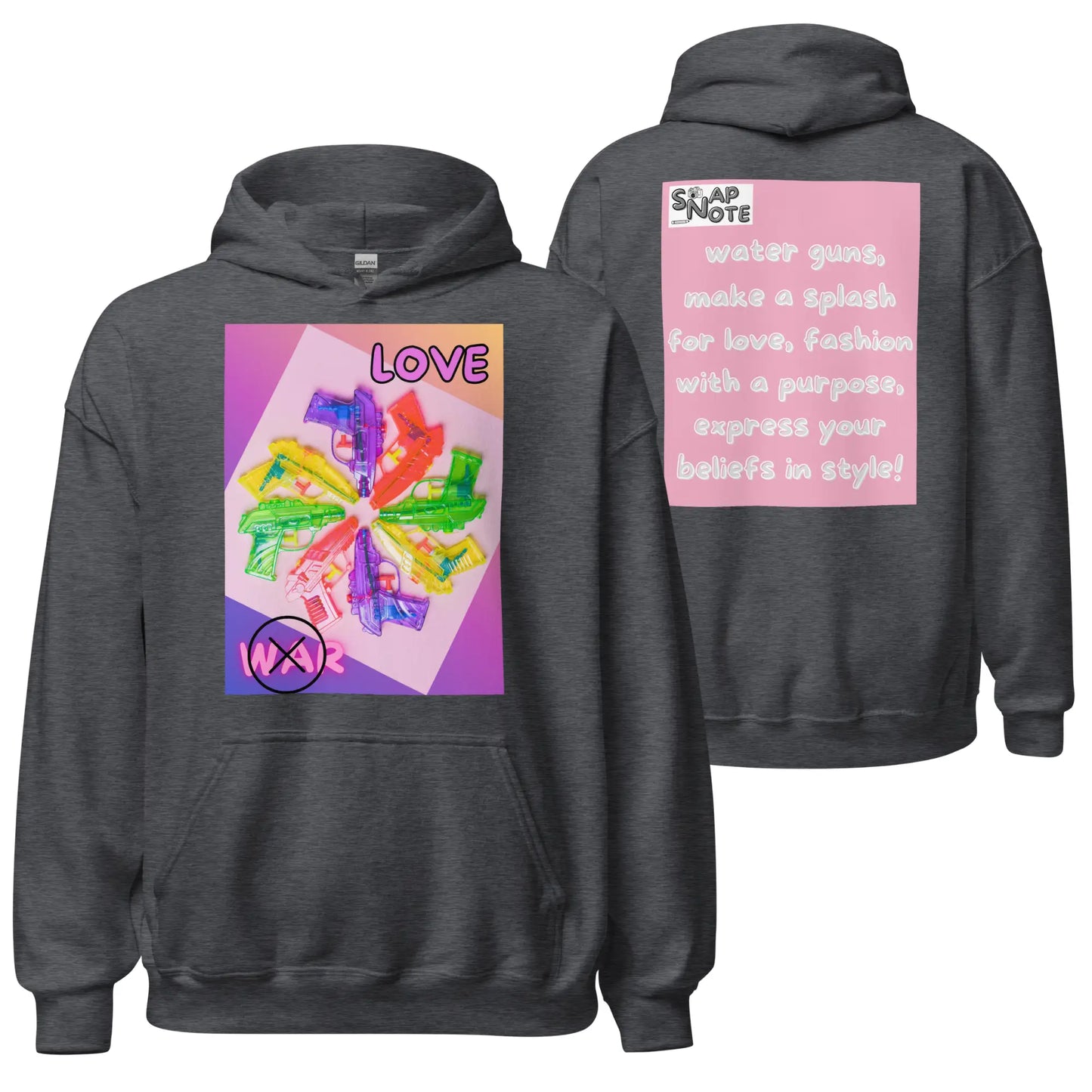 Hoodie Hooded Sweatshirt Hooded Jersey Hooded Jumper Hooded Pullover Hooded Sweater Men Women Teens Unisex - love not war watergun peace pink pattern - Dark-Heather - 74.90 - SnapNote streetwear