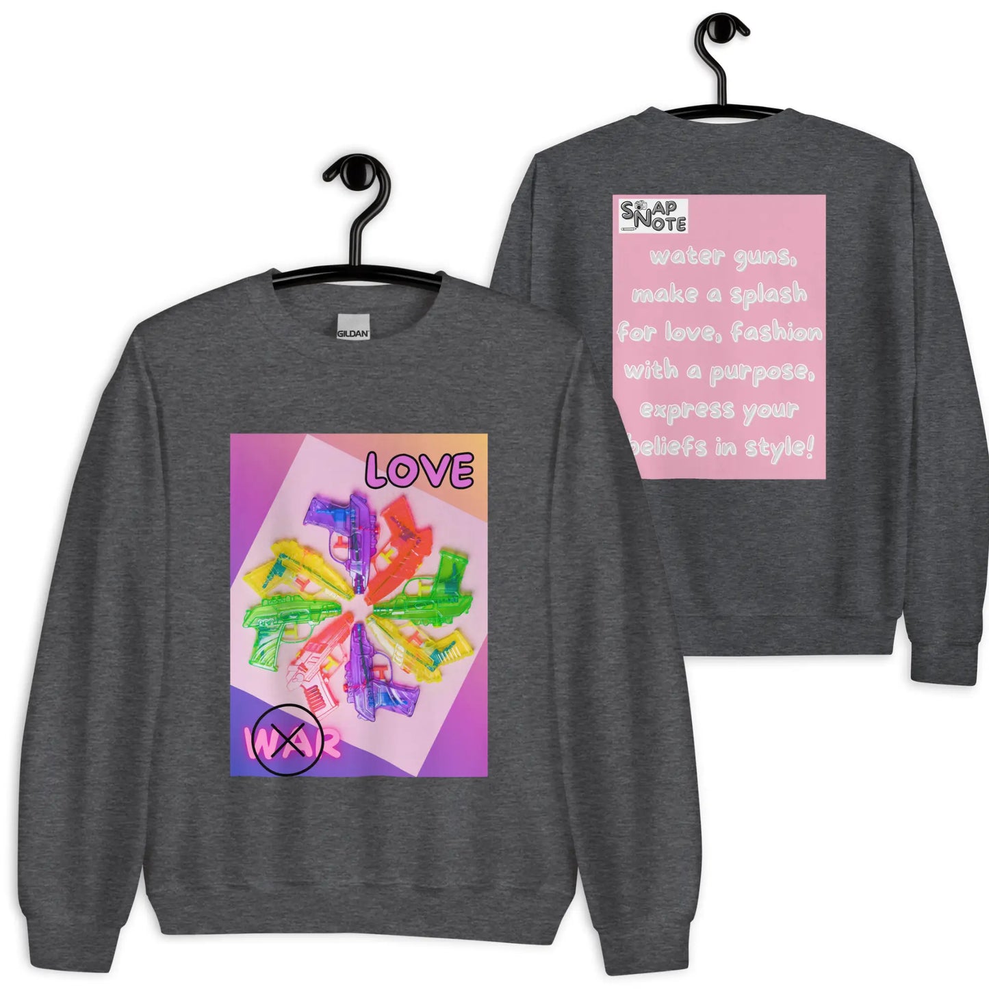 Sweatshirt Jersey Jumper Pullover Sweater Men Women Teenagers Unisex - love not war watergun peace pink pattern - Dark-Heather - 59.90 - SnapNote streetwear