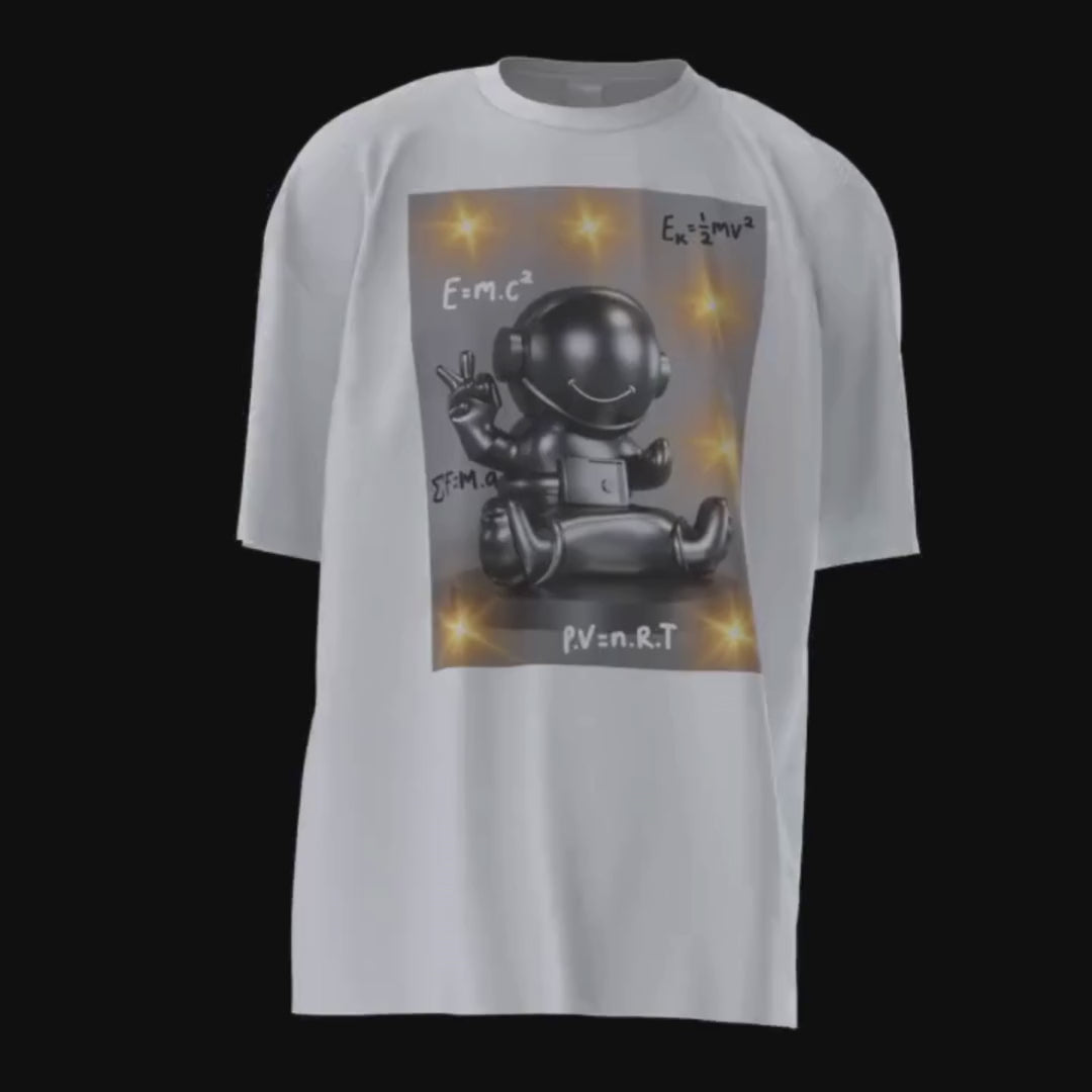 quantum spaceman 3D walking t-shirt video. The front; a snap of a silver spaceman, physics equations and stars. The back; a warm yellow rectangle, with a funny note; space quantum racer, n-body fashion problem, galactic style plus astro chic equal perfect cosmic swag! SnapNote streetwear logo