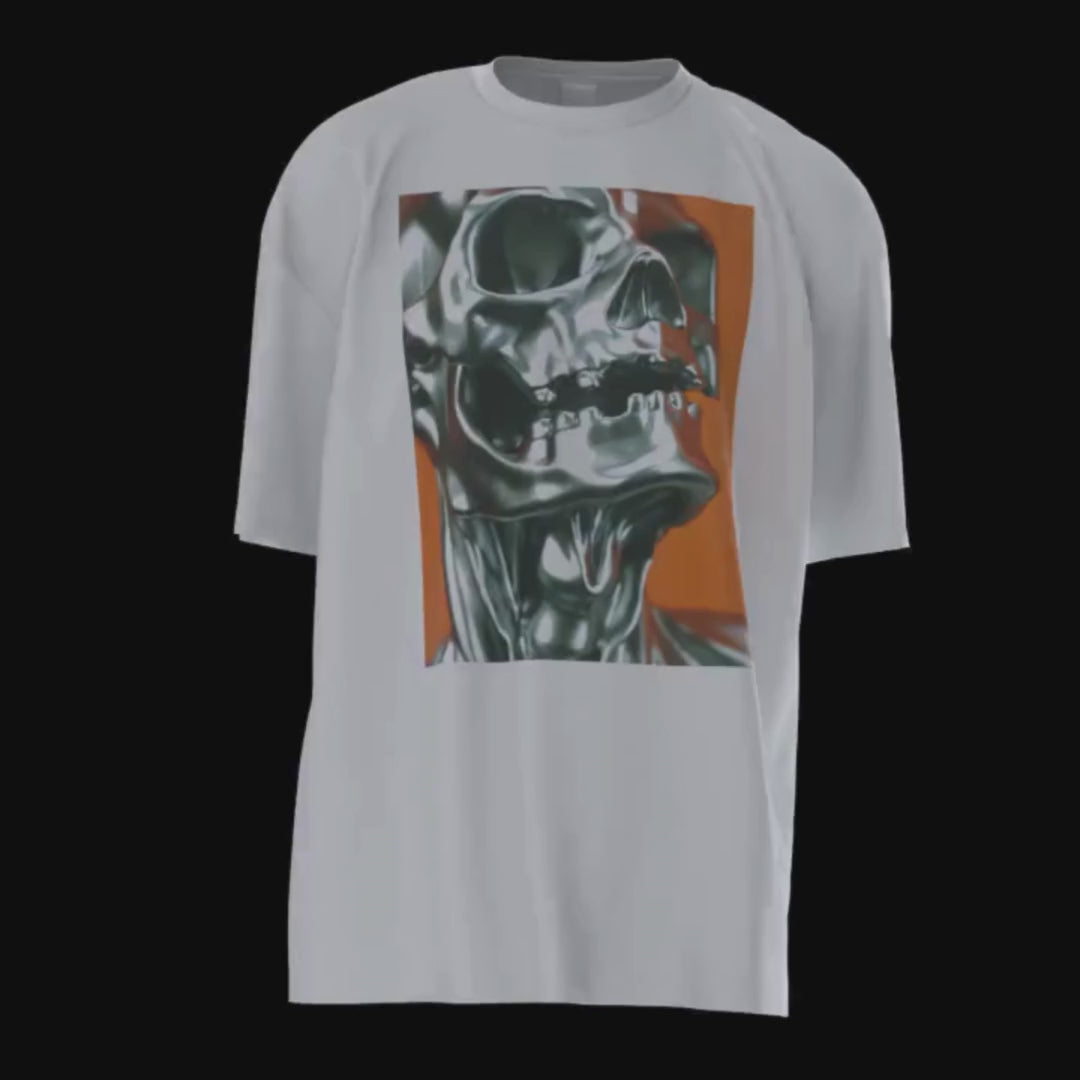 creepy skull 3D walking t-shirt video. The front; eye-catching snap of a metallic skull on an orange background. The back; an army green rectangle, with a cool note in light grey; creepy titanium skull, stand out from the crowd, metallic elegance, rebellious edge! SnapNote streetwear logo