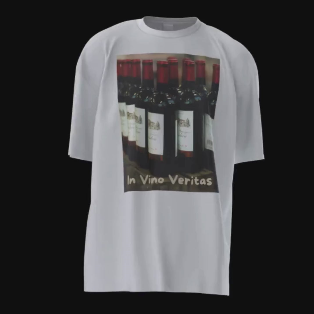 bottles bordeaux 3D walking t-shirt video. The front; a snap of wine bottles of bordeaux grand cru. The back; a maroon burgundy rectangle, with a funny note; in vino veritas, wine lovers unite, grape vibes only, unleash your inner sommelier, drink and wear bordeaux! SnapNote streetwear logo