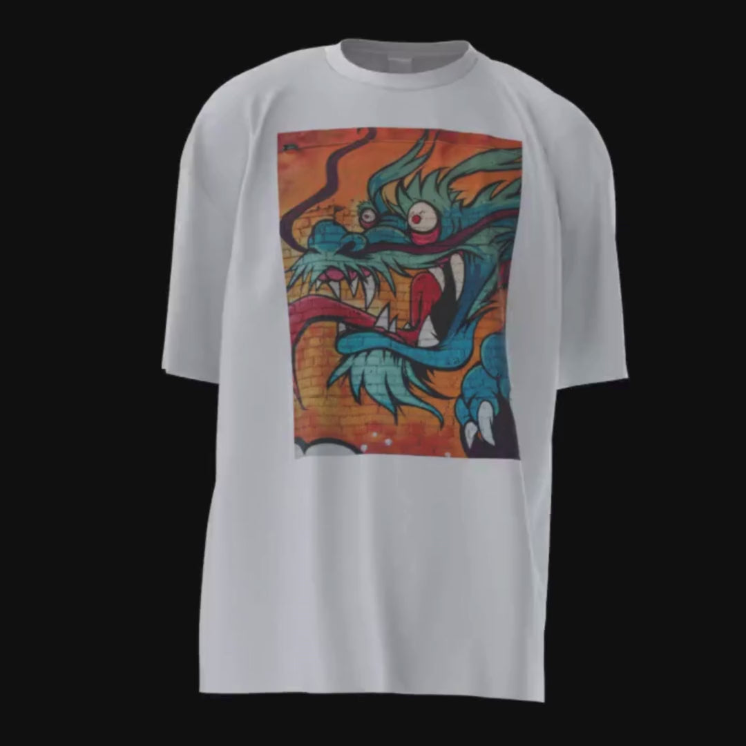 dragon graffiti 3D walking t-shirt video. The front; a snap of a spectacular blue turquoise dragon painted on an orange wall. The back; an orange rectangle, with a note in light grey; dragon fire graffiti, rule the seven design kingdoms, conquer the fashion game! SnapNote streetwear logo