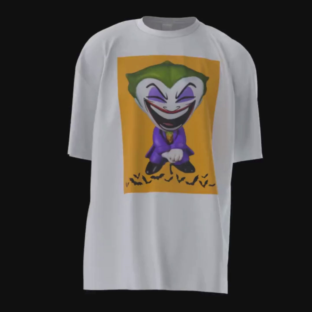 joker madness 3D walking t-shirt video. The front; a snap of marvel comics superhero stepping on bats, yellow background. The back; a purple rectangle, with a funny note in light grey; the Joker, embrace the madness style, step into the dark side of Gotham couture, elegance is an attitude!