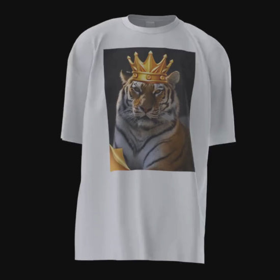 crown tiger 3D walking t-shirt video. The front; a beautiful stylish snap of a tiger wearing a royal gold crown. The back; a pearl grey rectangle, with a cool and funny note in light grey; majestic tiger portrait, roar in style, be a trendsetter, not a copycat! SnapNote streetwear logo