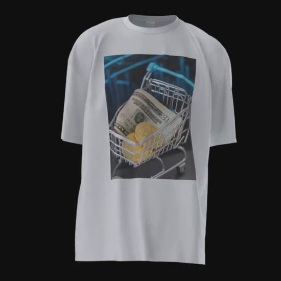 bitcoin shopping 3D walking t-shirt video. The front; a snap of finance, bitcoins and dollar bills in a shopping cart. The back; a blue rectangle, with a rich note in light grey; bitcoin crypto dollars stock super market, stay ahead of the rich fashion blockchain! SnapNote streetwear logo